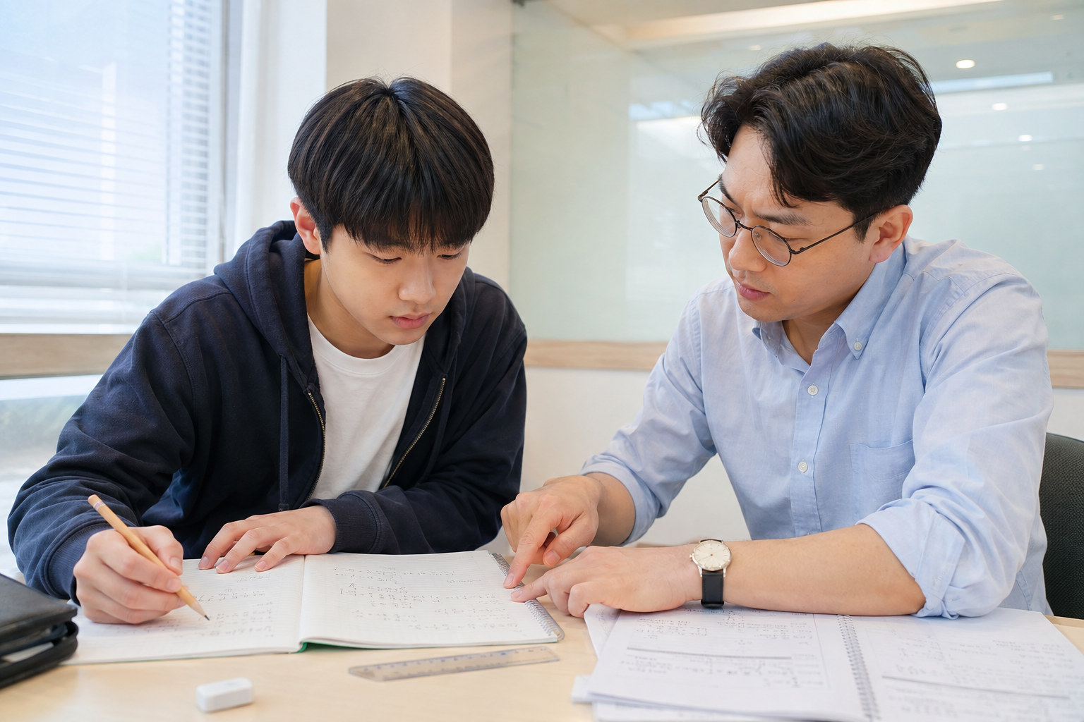 온천동 와와학원 수학 수업에서 계산 과정의 값과 단위를 확인하는 모습
