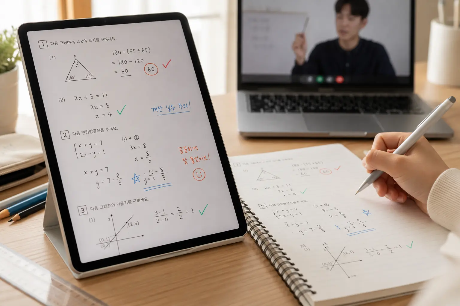 수정 전후를 비교할 수 있게 남긴 온라인 수학과외 풀이 기록