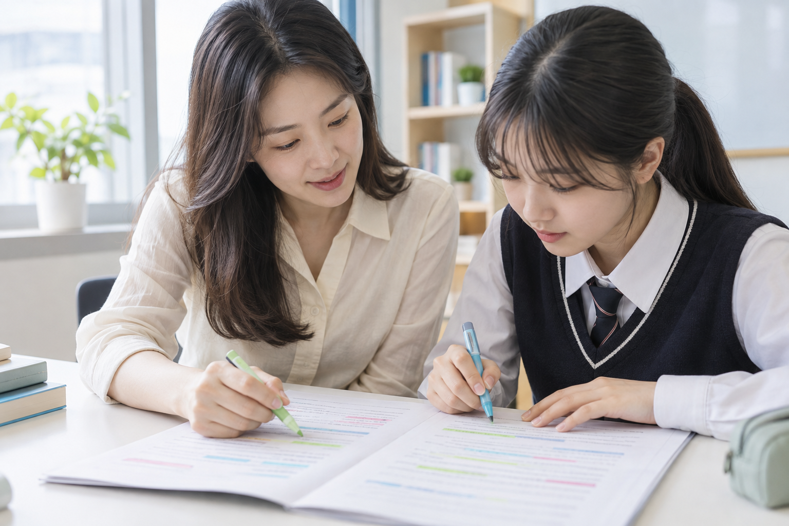 서신동 와와학원 영어 수업에서 본문의 연결어와 문장 관계를 색으로 구분하는 모습